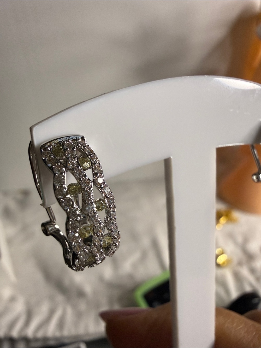 Silver-Tone Crystal Hoop Earrings with Light Green Accents